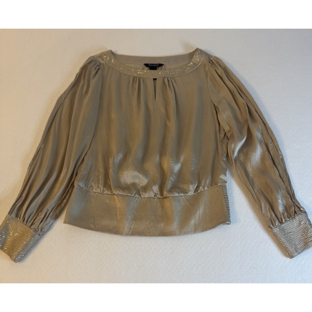 White House Black Market Silk Blouse Champagne Gold Studded Cuff Top Size 8